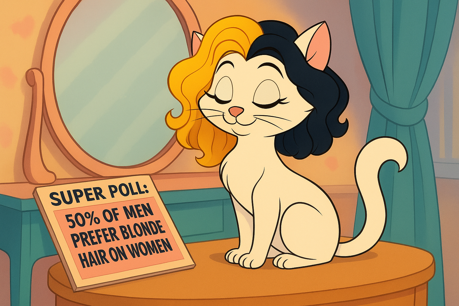 Female cat in front of a mirror—blonde and black hair to match a beauty survey